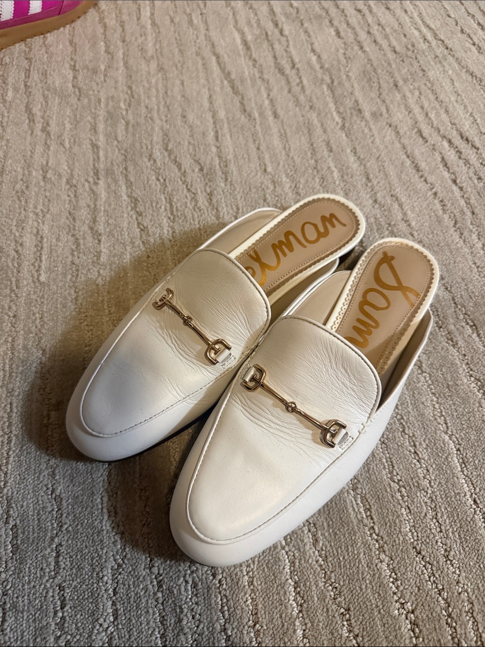 Sam Edelman White Leather Slip-On Loafers with Gold Bit
